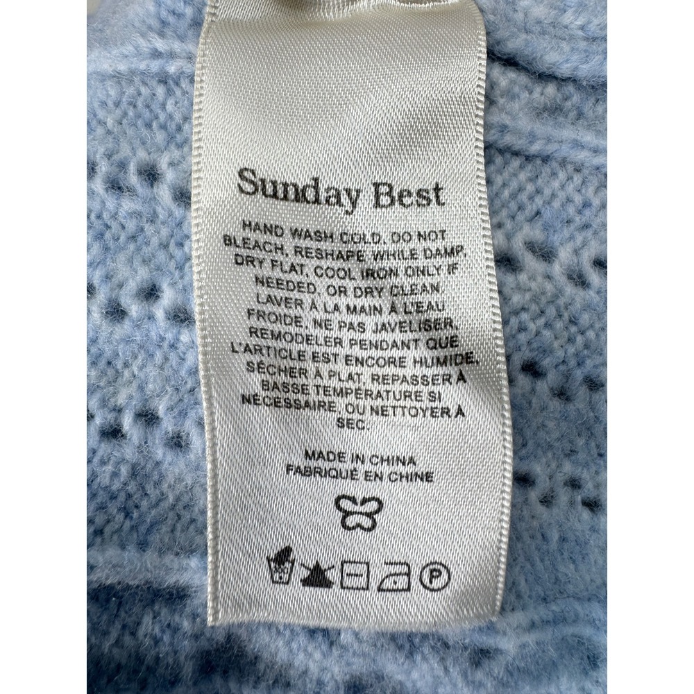 SUNDAY BEST Pointelle Merino Wool Blend Crew Neck Sweater XS Lt Blue Pastel - Picture 8 of 9